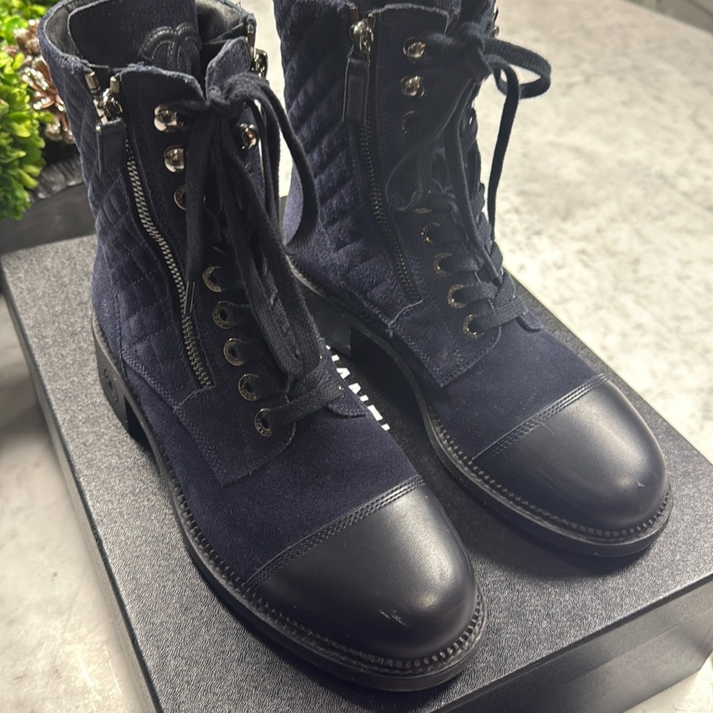 Chanel - Navy Quilted Suede Moto Boots